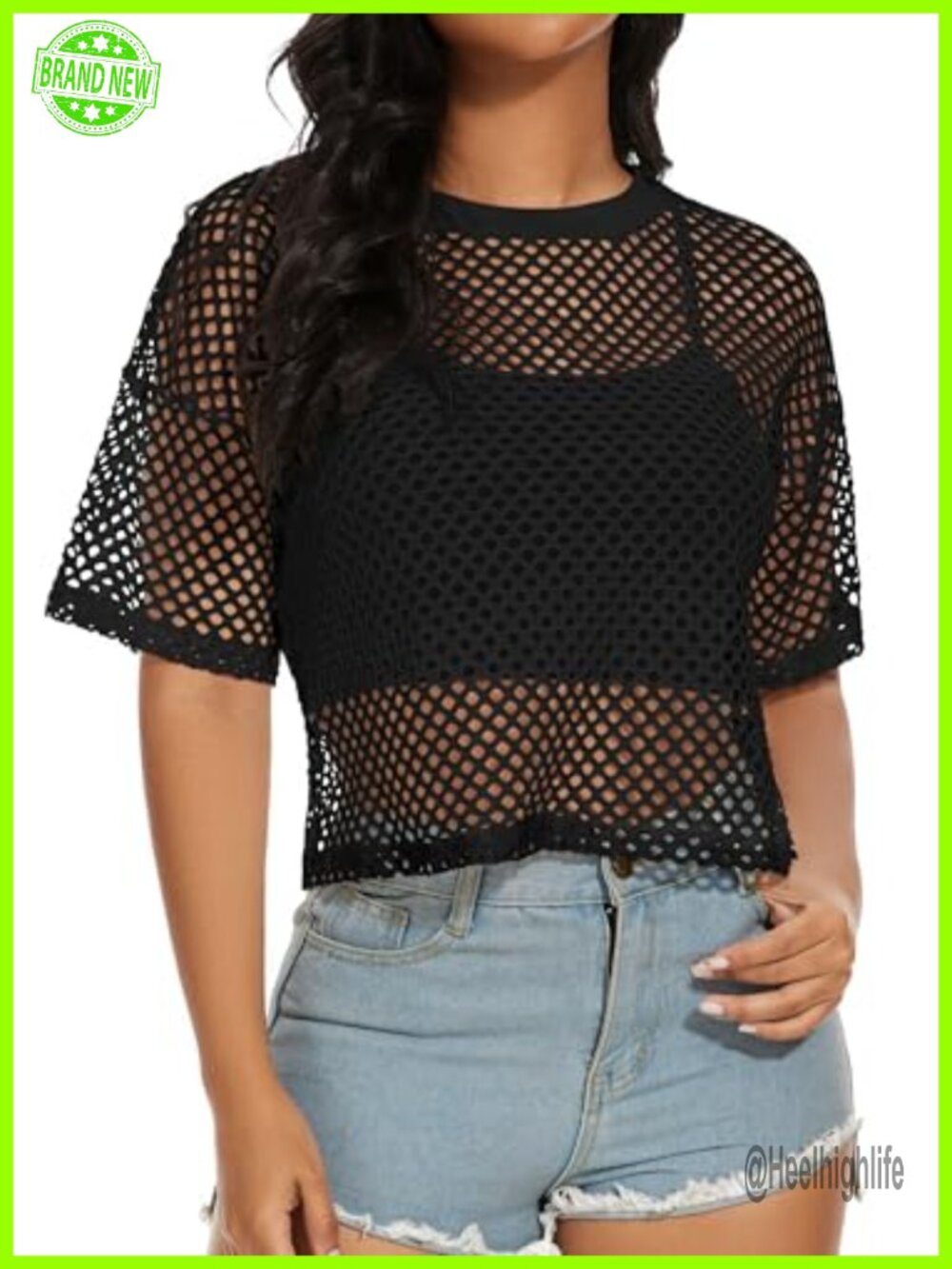 Sheer Mesh Fishnet Top Short Sleeve Crew Neck See Through Cover Up
